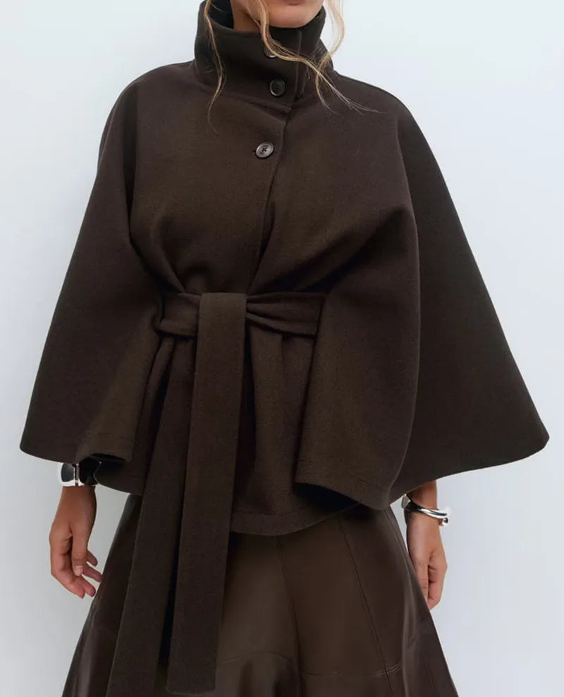 Women's High Neck Belted Cape Coat