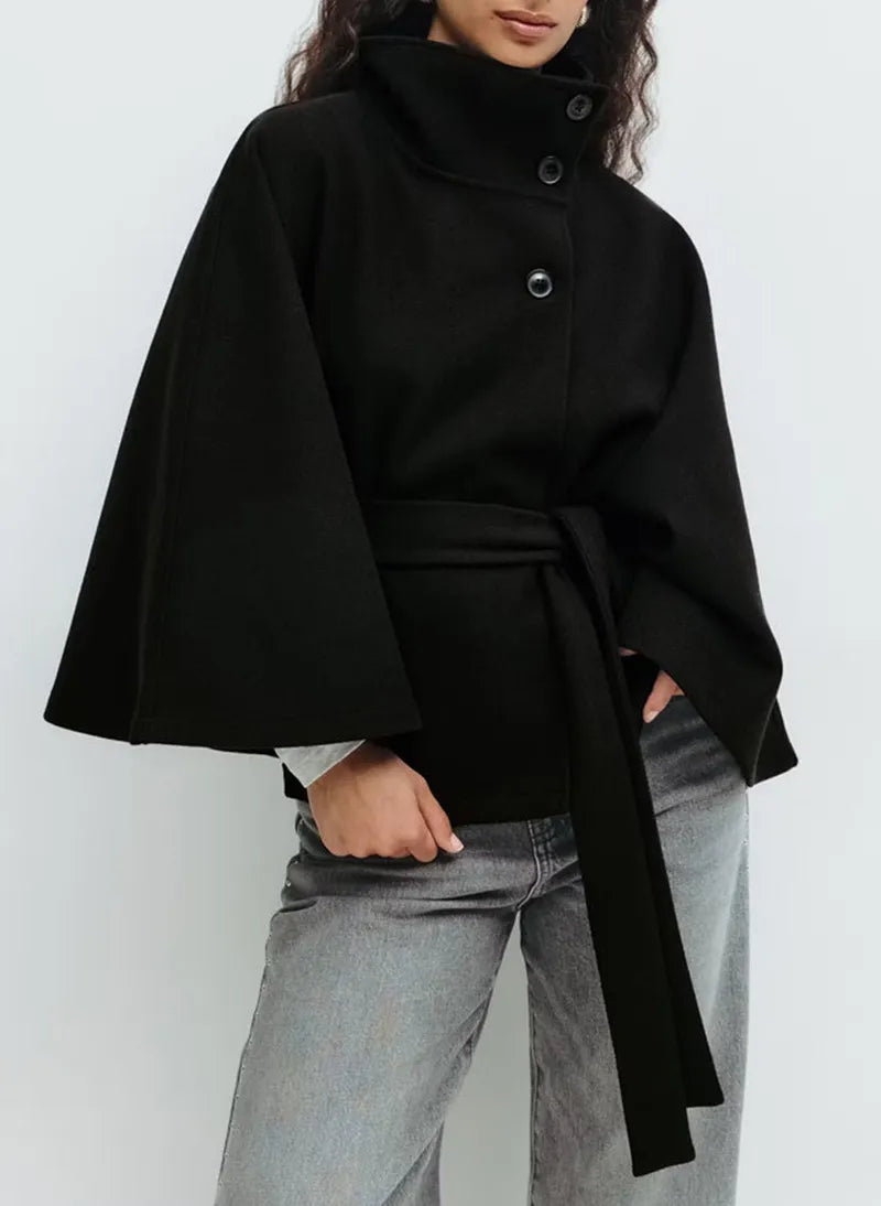Women's High Neck Belted Cape Coat