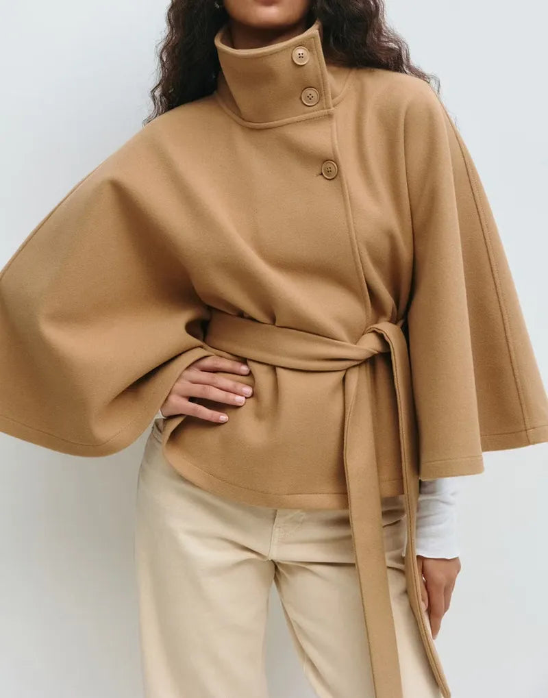 Women's High Neck Belted Cape Coat