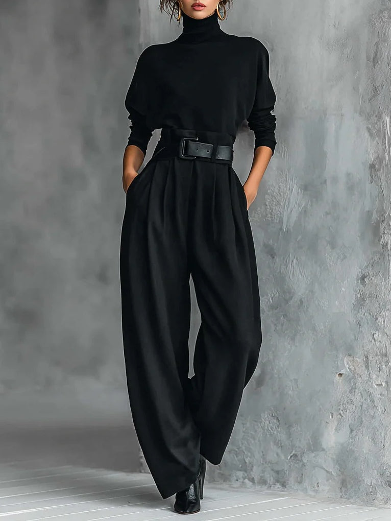 Women's Turtleneck Top Relaxed Wide-Leg Pants Set