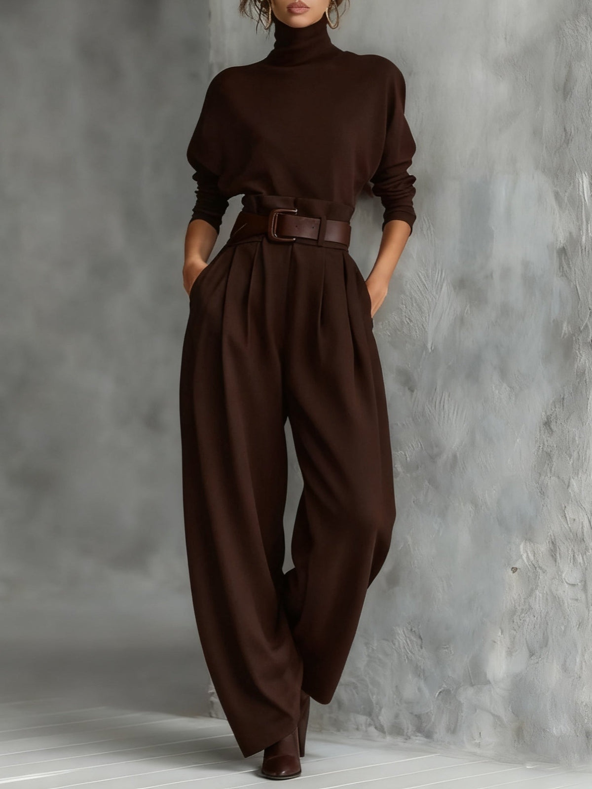 Women's Turtleneck Top Relaxed Wide-Leg Pants Set