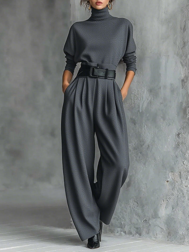 Women's Turtleneck Top Relaxed Wide-Leg Pants Set