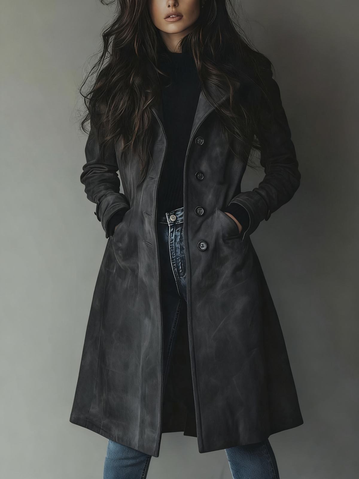 Women's Double-Breasted Tailored Long Trench Overcoat