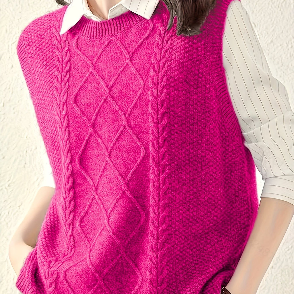 Women's Round Neck Cable Knit Sleeveless Layering Vest