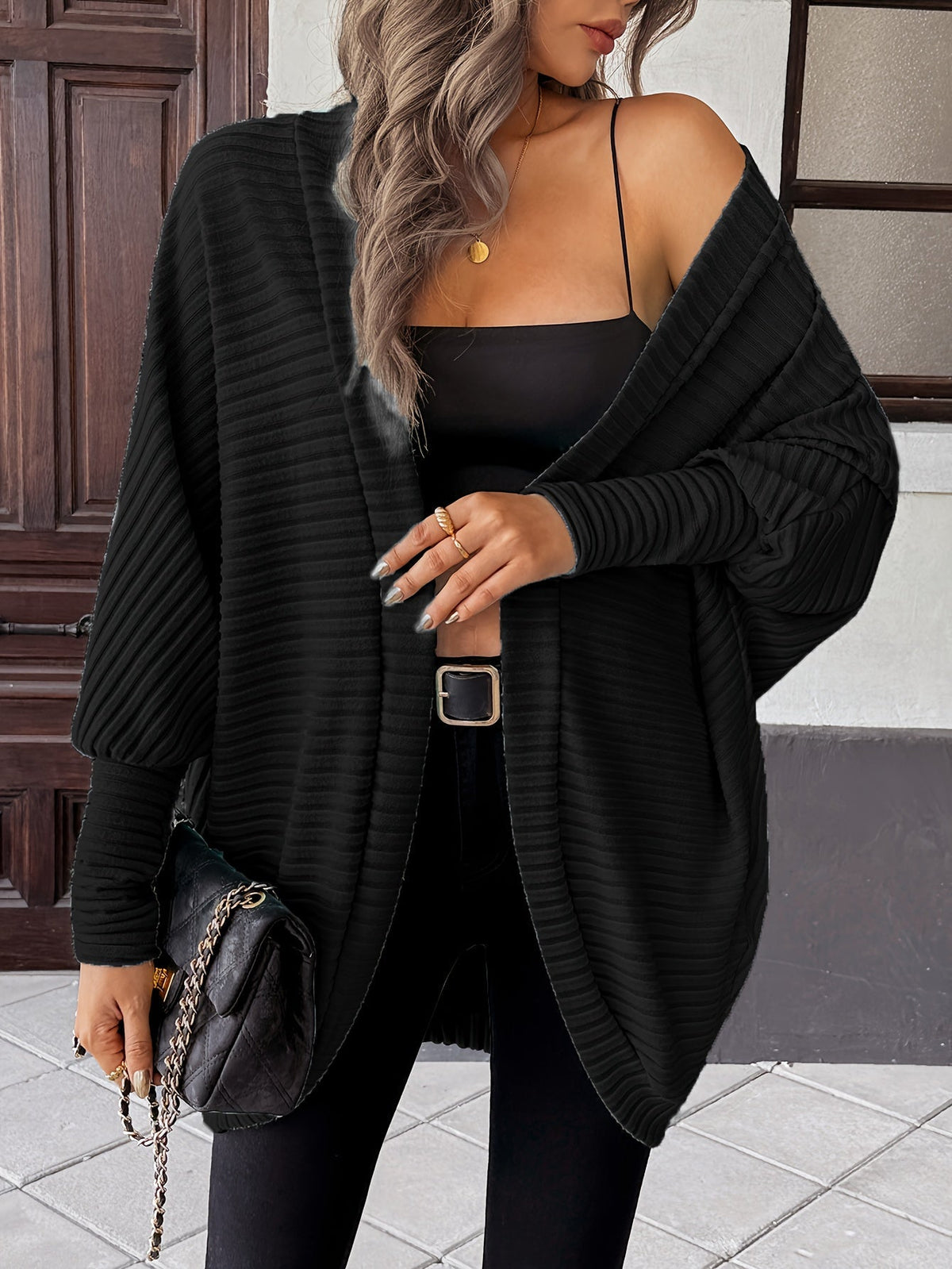 Women's Ribbed Draped Cardigan with Open Front