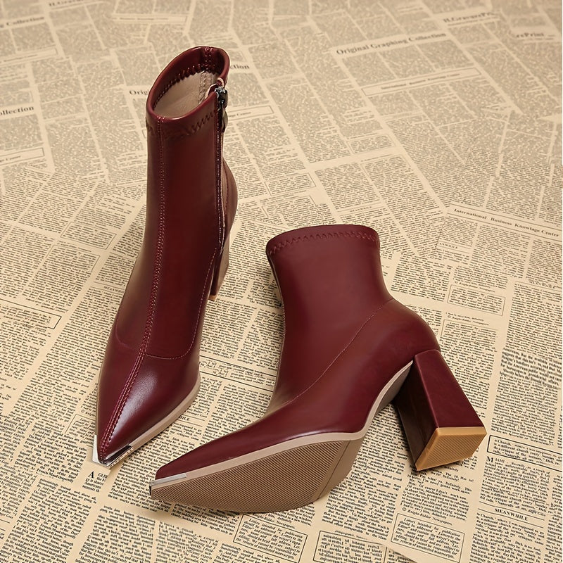 Women's Chunky Block Heel Pointed Toe Zip Booties