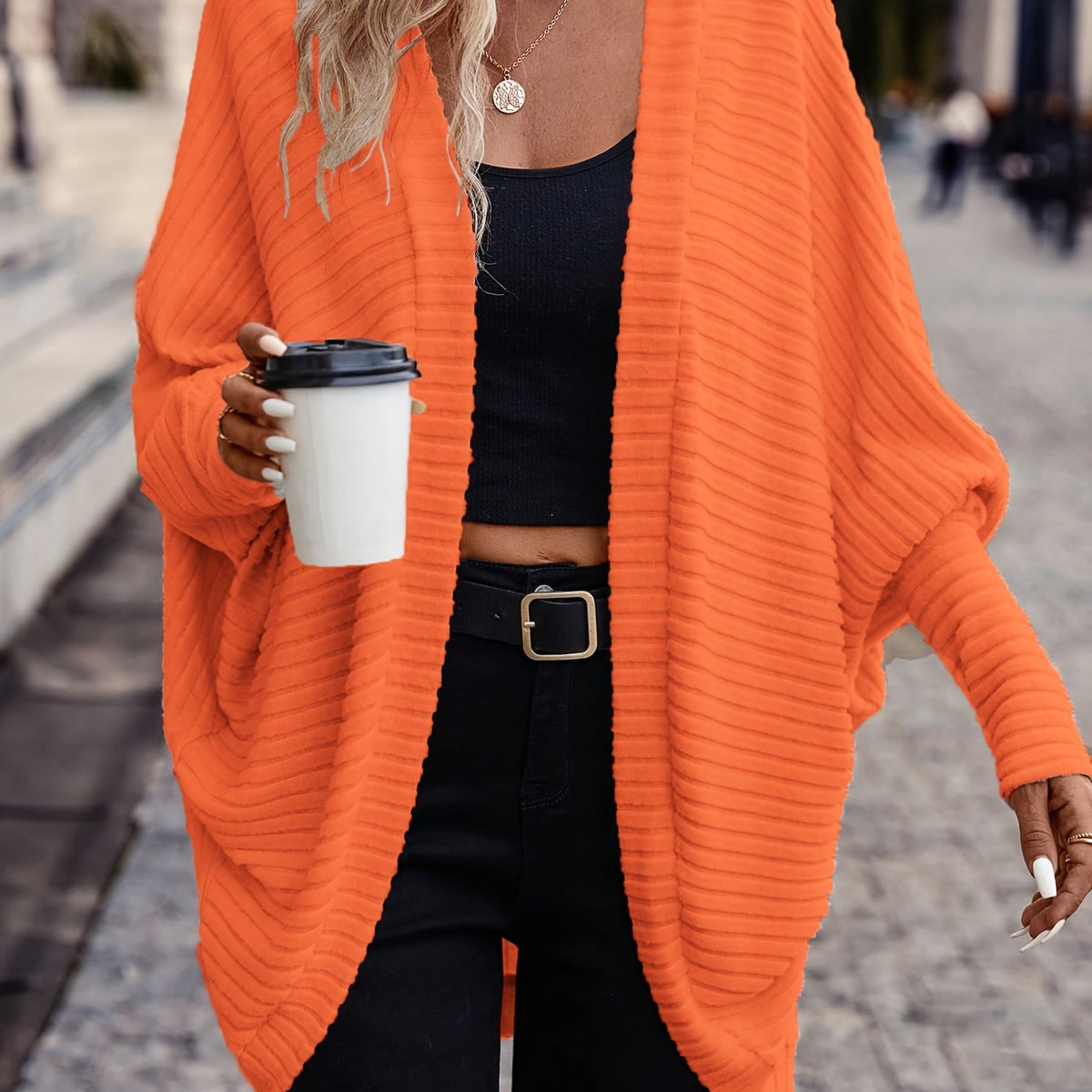 Women's Ribbed Draped Cardigan with Open Front