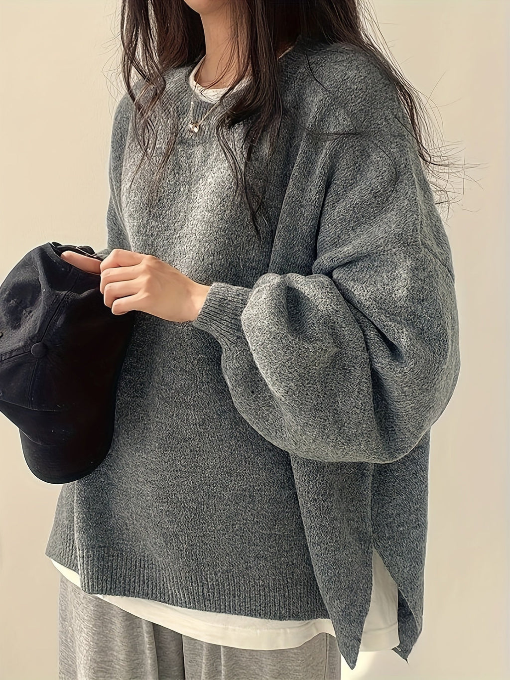 Women's Thick Knit Round Neck Drop-Shoulder Sweater