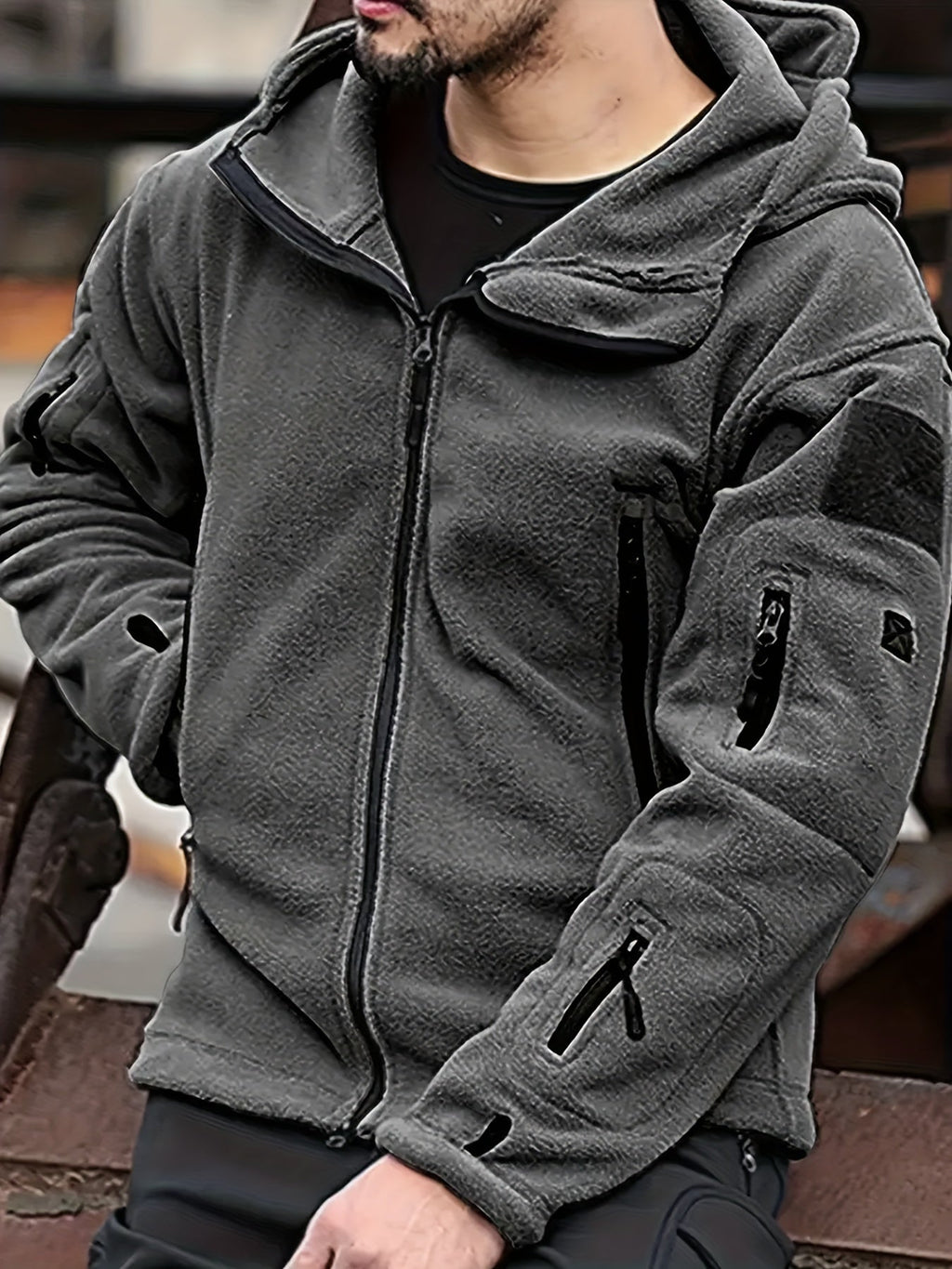 Men's Zip-Front Hooded Work Coat with Zippered Pockets