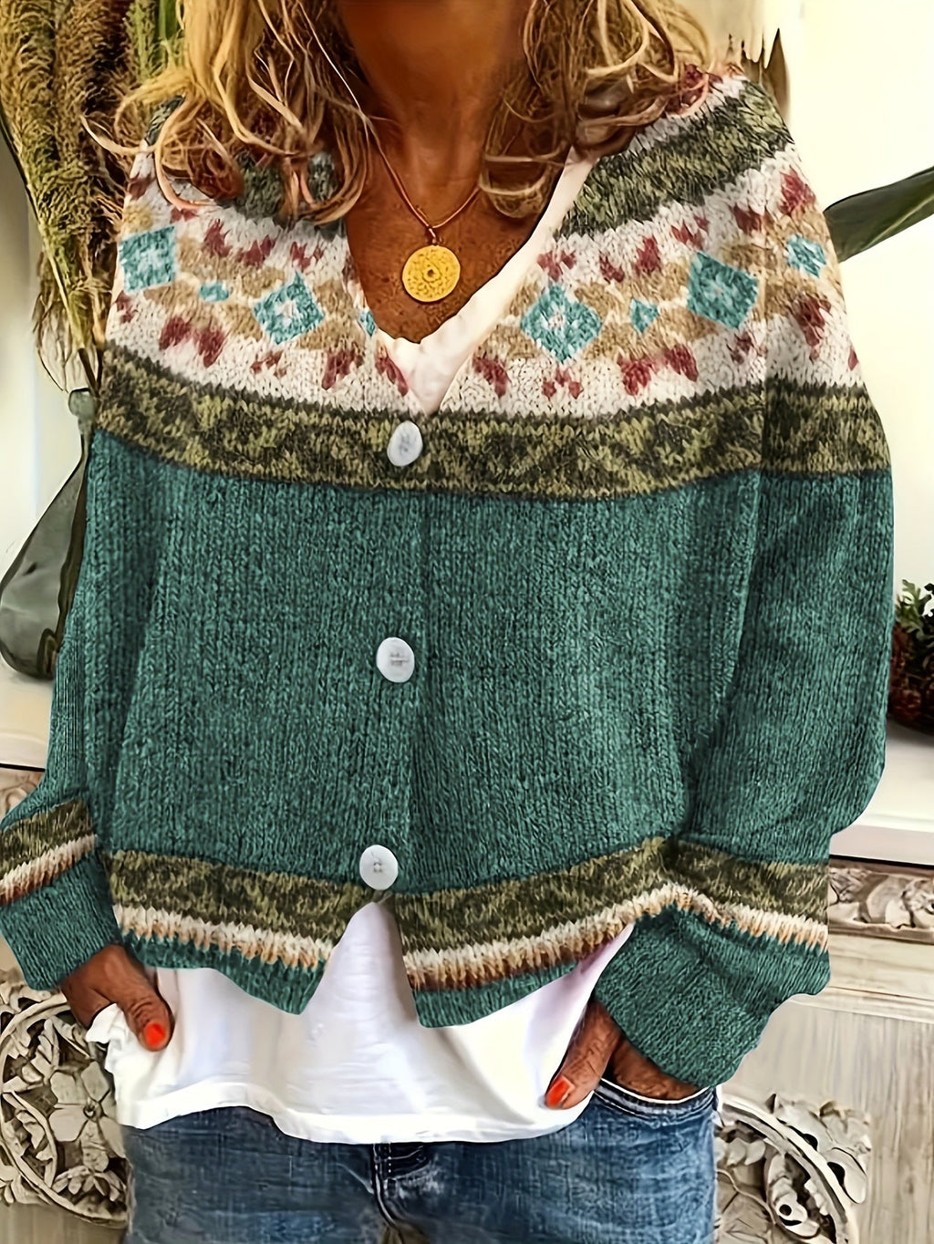 Women's Button-Up Cardigan with Patterned Geometric Yoke