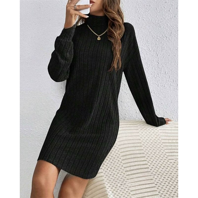 Women's Ribbed Knit Turtleneck Long Pullover Dress