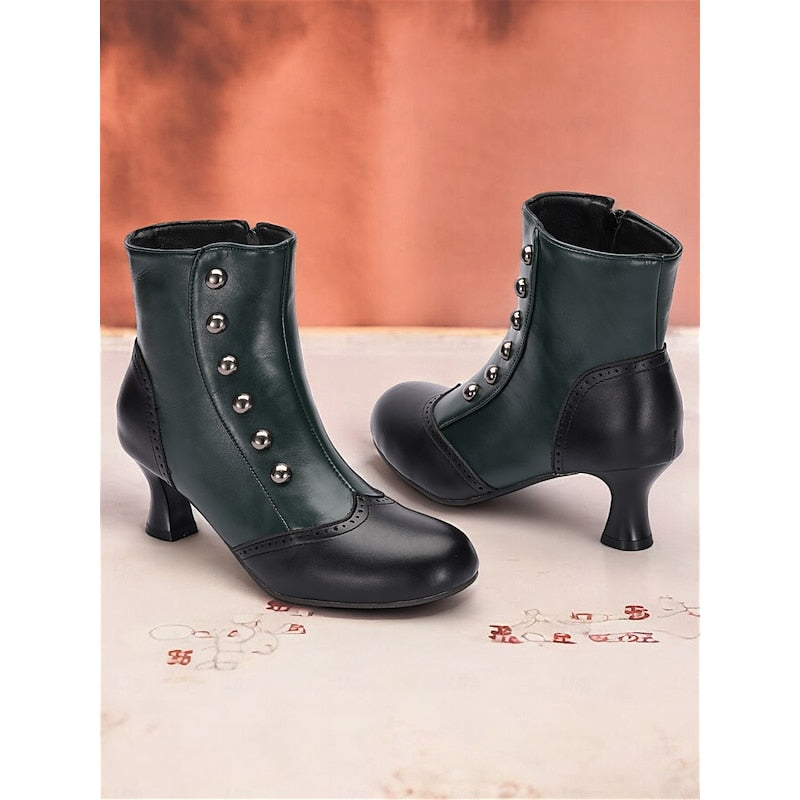 Women's Two-Tone Vintage Ankle Booties with Button Detail