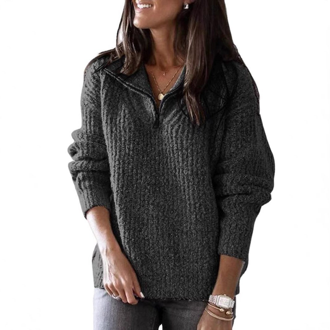 Women's Half-Zip Textured Knit Pullover with Stand Collar