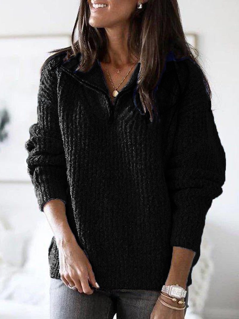 Women's Half-Zip Textured Knit Pullover with Stand Collar
