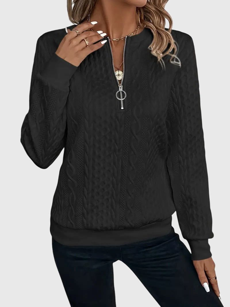 Women's Zip-Front Cable Knit Cardigan with Three-Quarter Sleeves