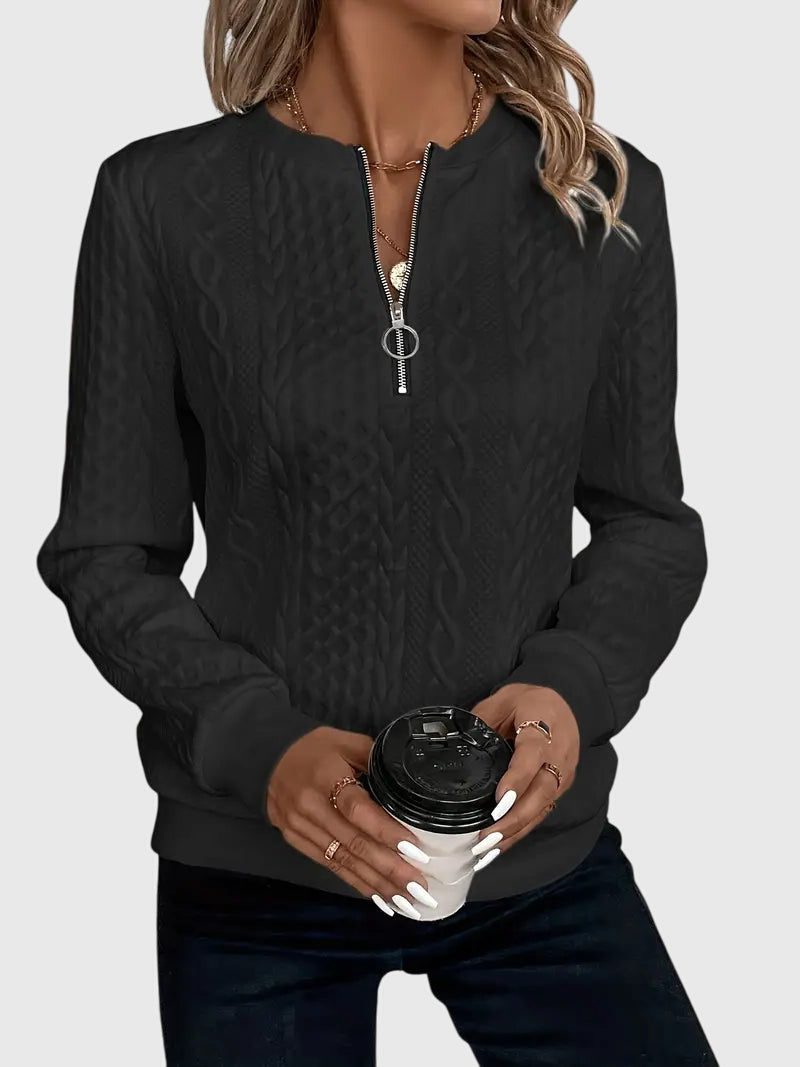 Women's Zip-Front Cable Knit Cardigan with Three-Quarter Sleeves