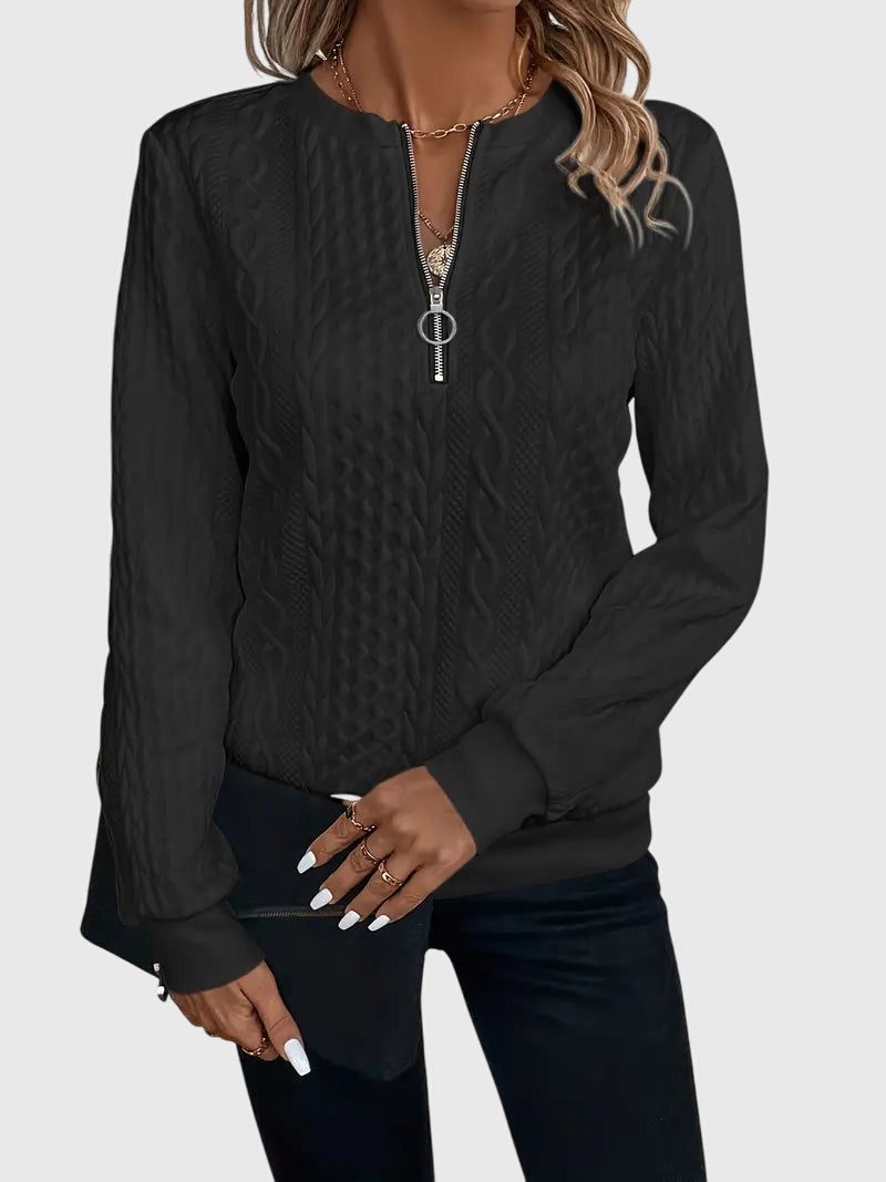 Women's Zip-Front Cable Knit Cardigan with Three-Quarter Sleeves