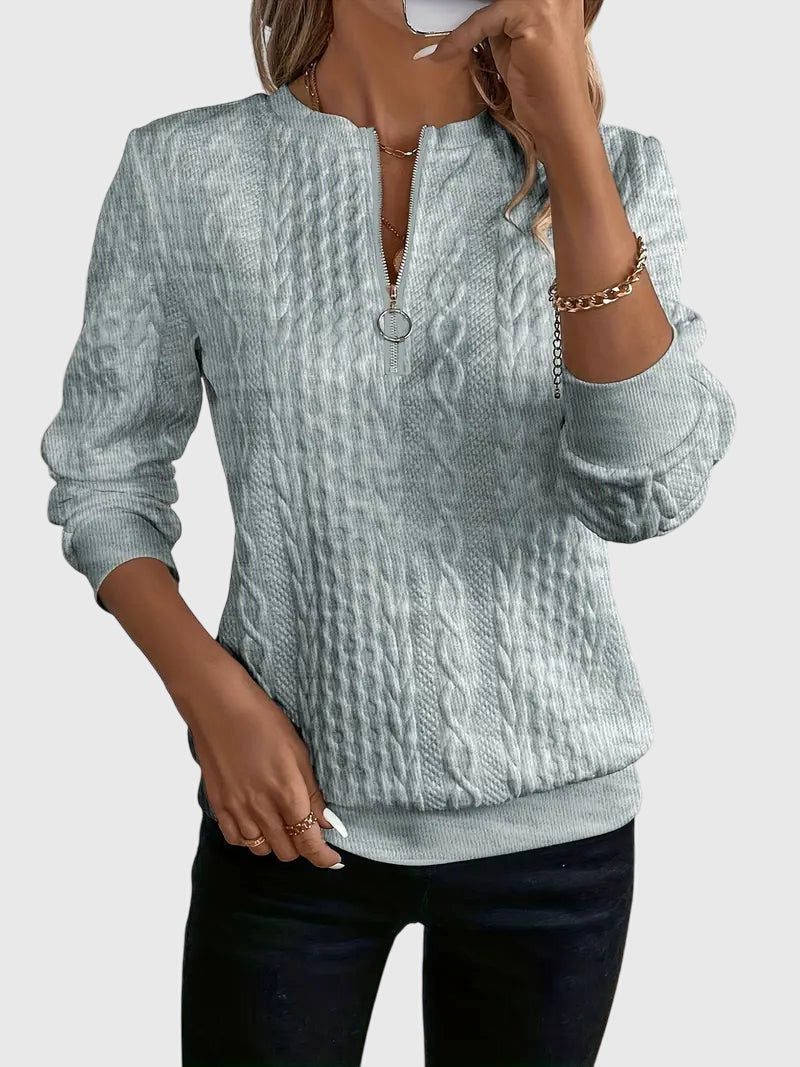 Women's Zip-Front Cable Knit Cardigan with Three-Quarter Sleeves