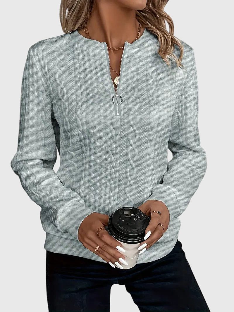 Women's Zip-Front Cable Knit Cardigan with Three-Quarter Sleeves