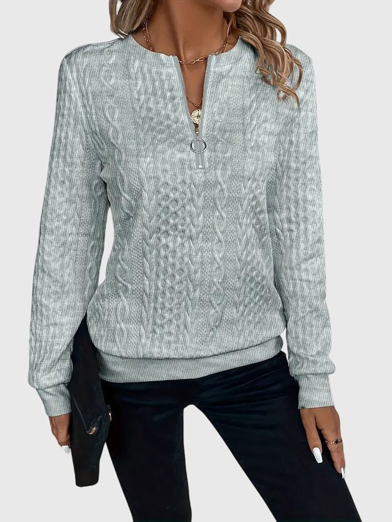 Women's Zip-Front Cable Knit Cardigan with Three-Quarter Sleeves