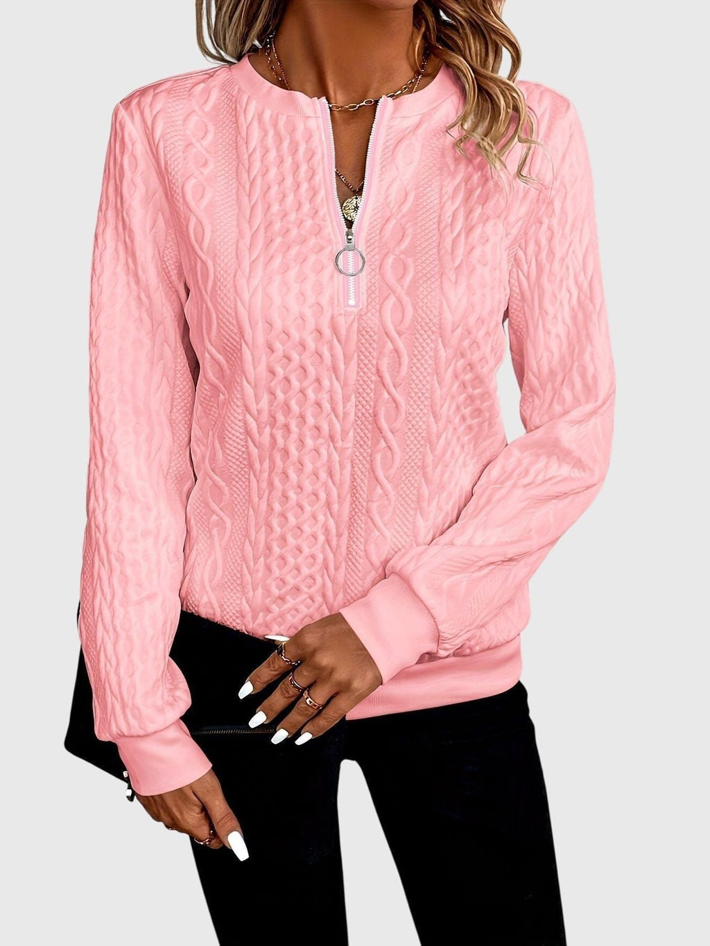 Women's Zip-Front Cable Knit Cardigan with Three-Quarter Sleeves
