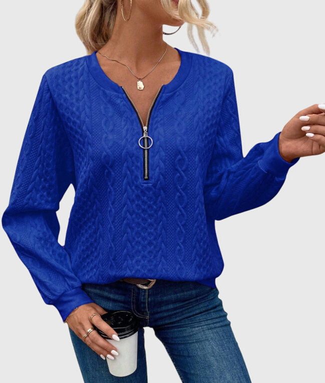 Women's Zip-Front Cable Knit Cardigan with Three-Quarter Sleeves