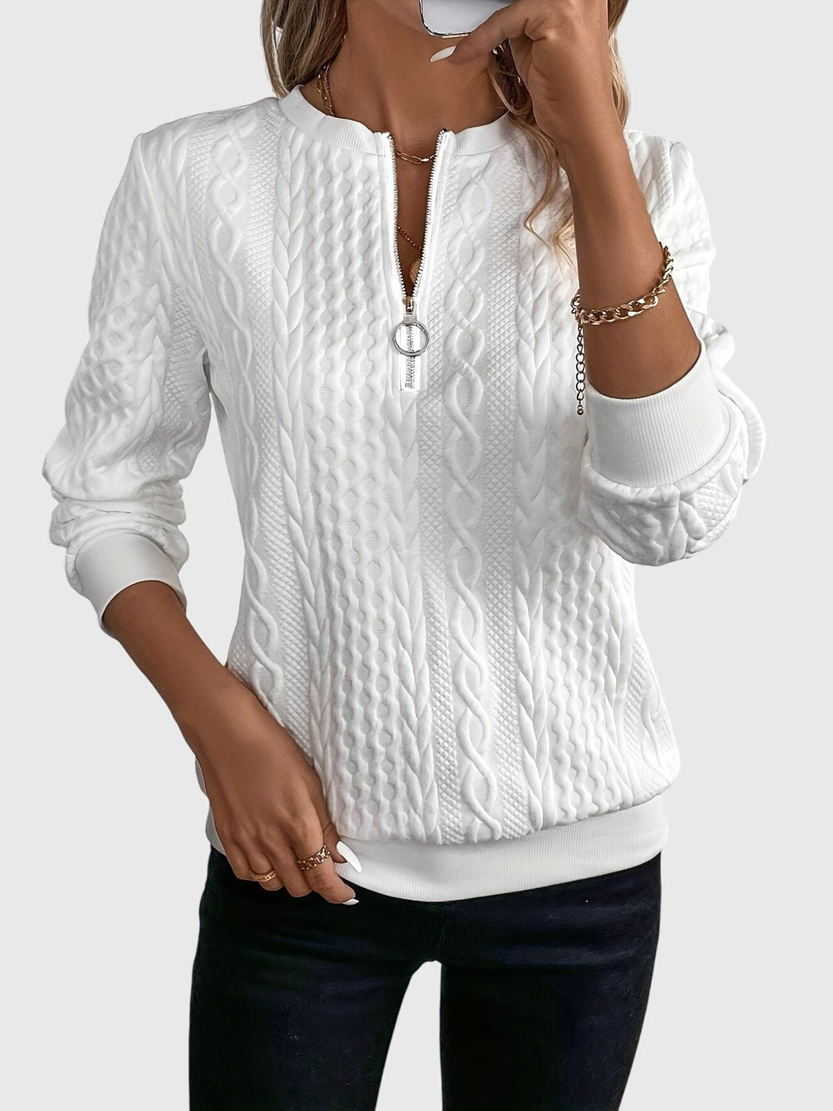 Women's Zip-Front Cable Knit Cardigan with Three-Quarter Sleeves