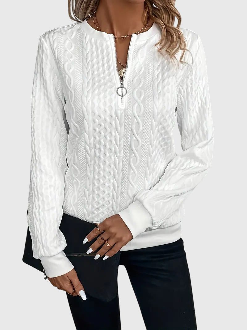 Women's Zip-Front Cable Knit Cardigan with Three-Quarter Sleeves