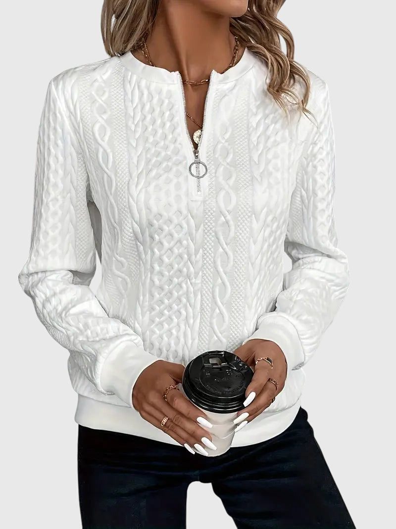 Women's Zip-Front Cable Knit Cardigan with Three-Quarter Sleeves