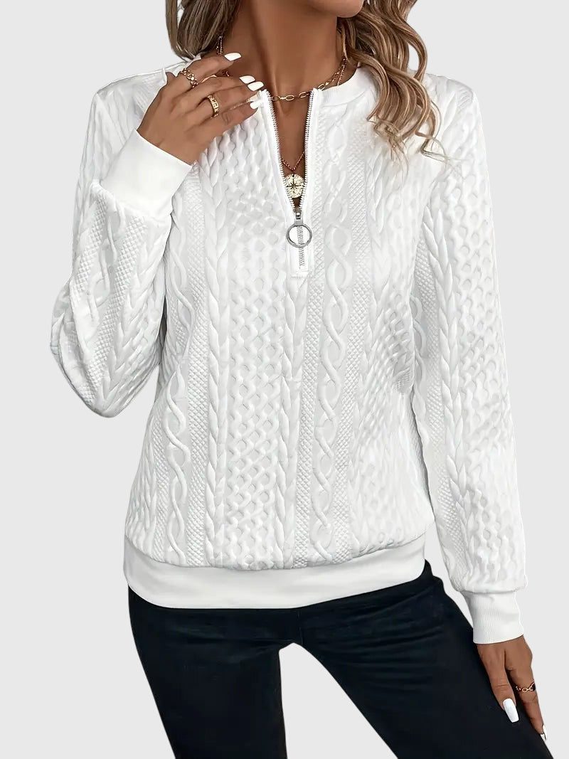 Women's Zip-Front Cable Knit Cardigan with Three-Quarter Sleeves