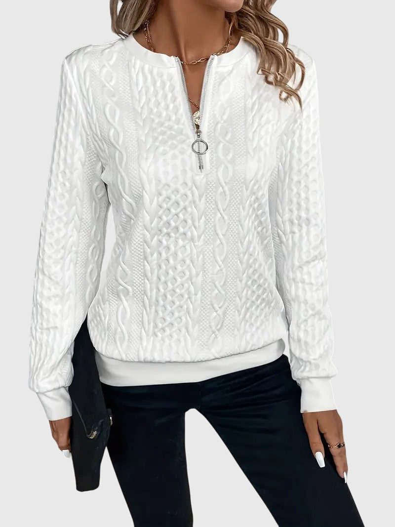 Women's Zip-Front Cable Knit Cardigan with Three-Quarter Sleeves