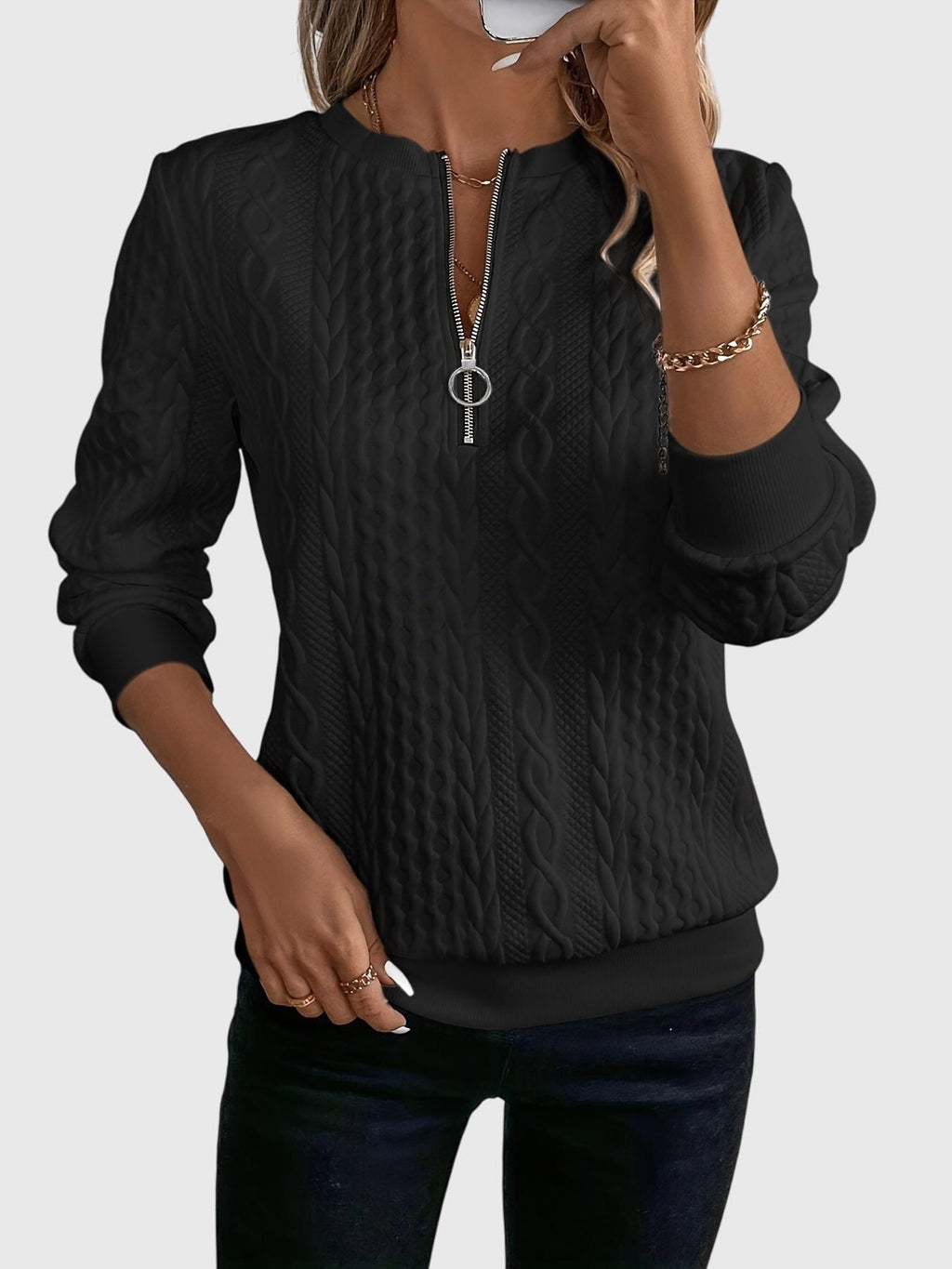 Women's Zip-Front Cable Knit Cardigan with Three-Quarter Sleeves