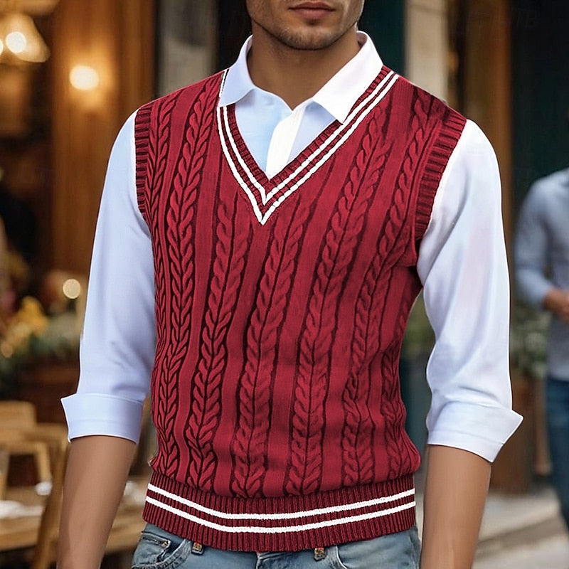 Men's V-Neck Striped Cable Knit Layering Vest