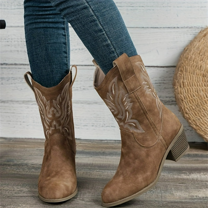 Women's Embroidered Mid-Calf Western Boots with Roomy Shaft