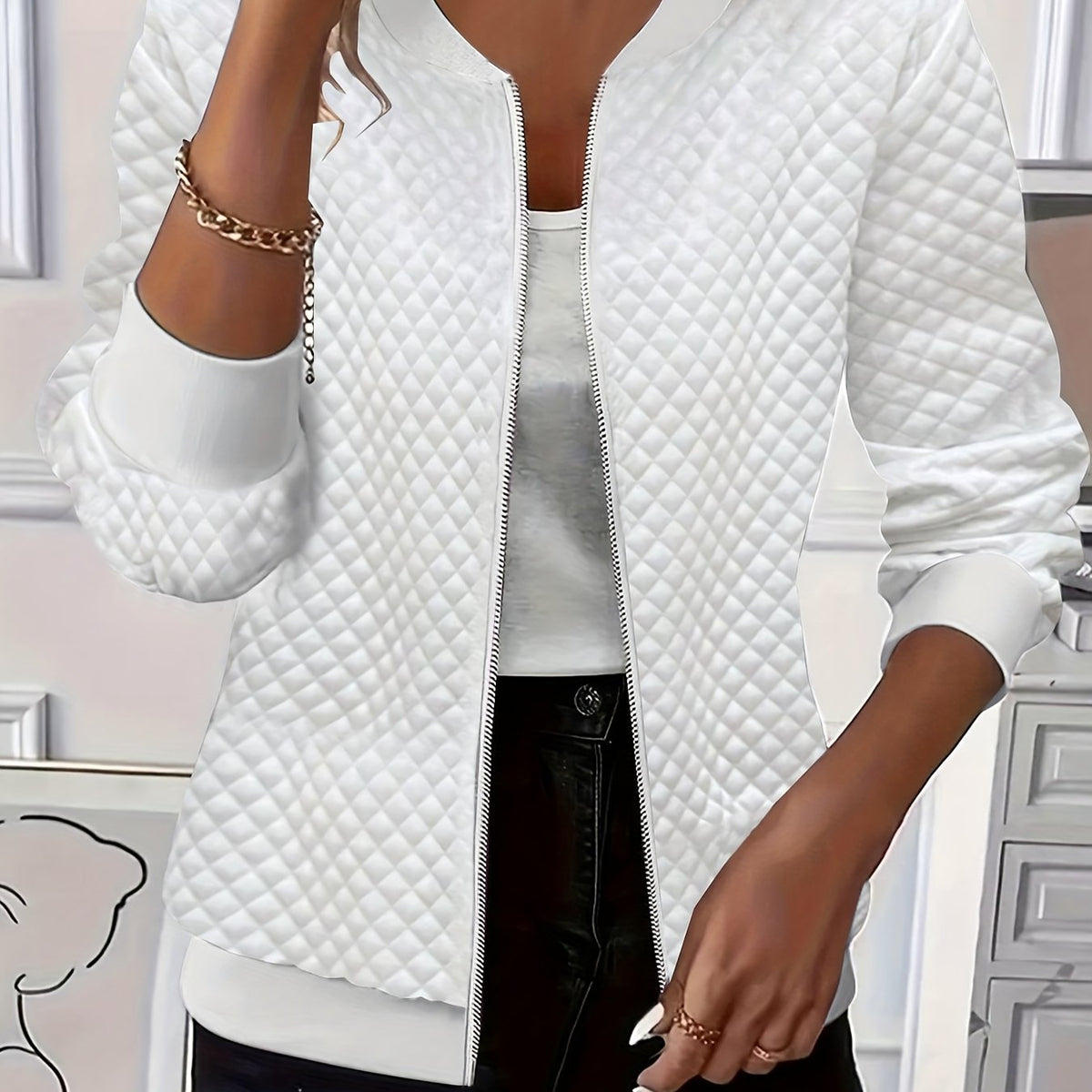Women's Baseball Collar Diamond Texture Padded Jacket