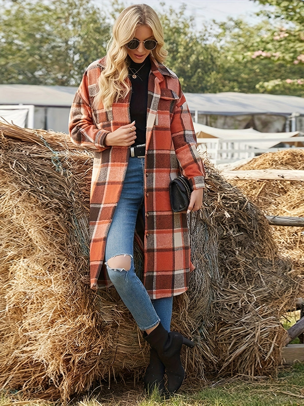 Women's Plaid Long Button-Up Coat with Chest Pockets