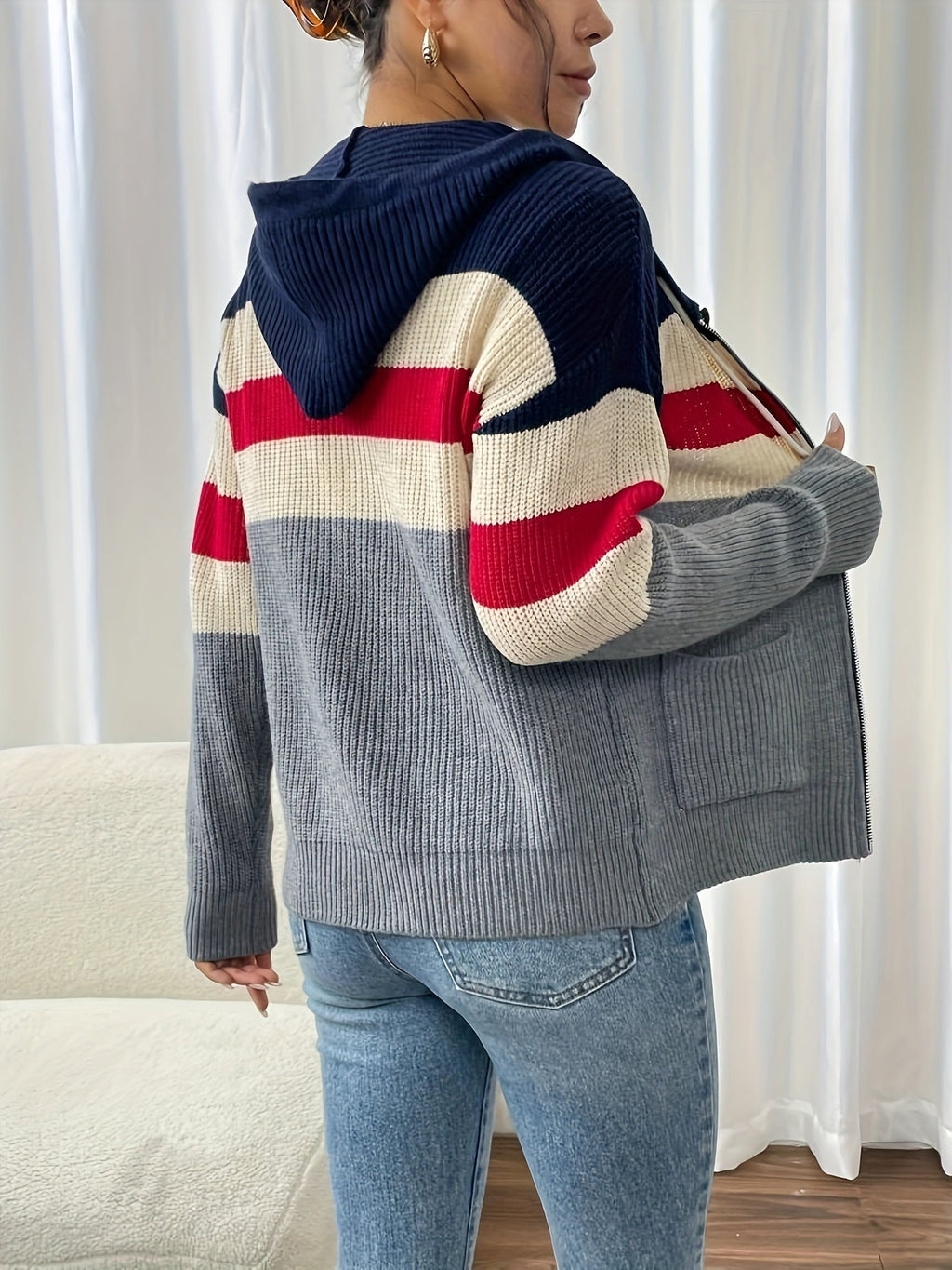Women's Hooded Ribbed Knit Full-Zip Layering Cardigan