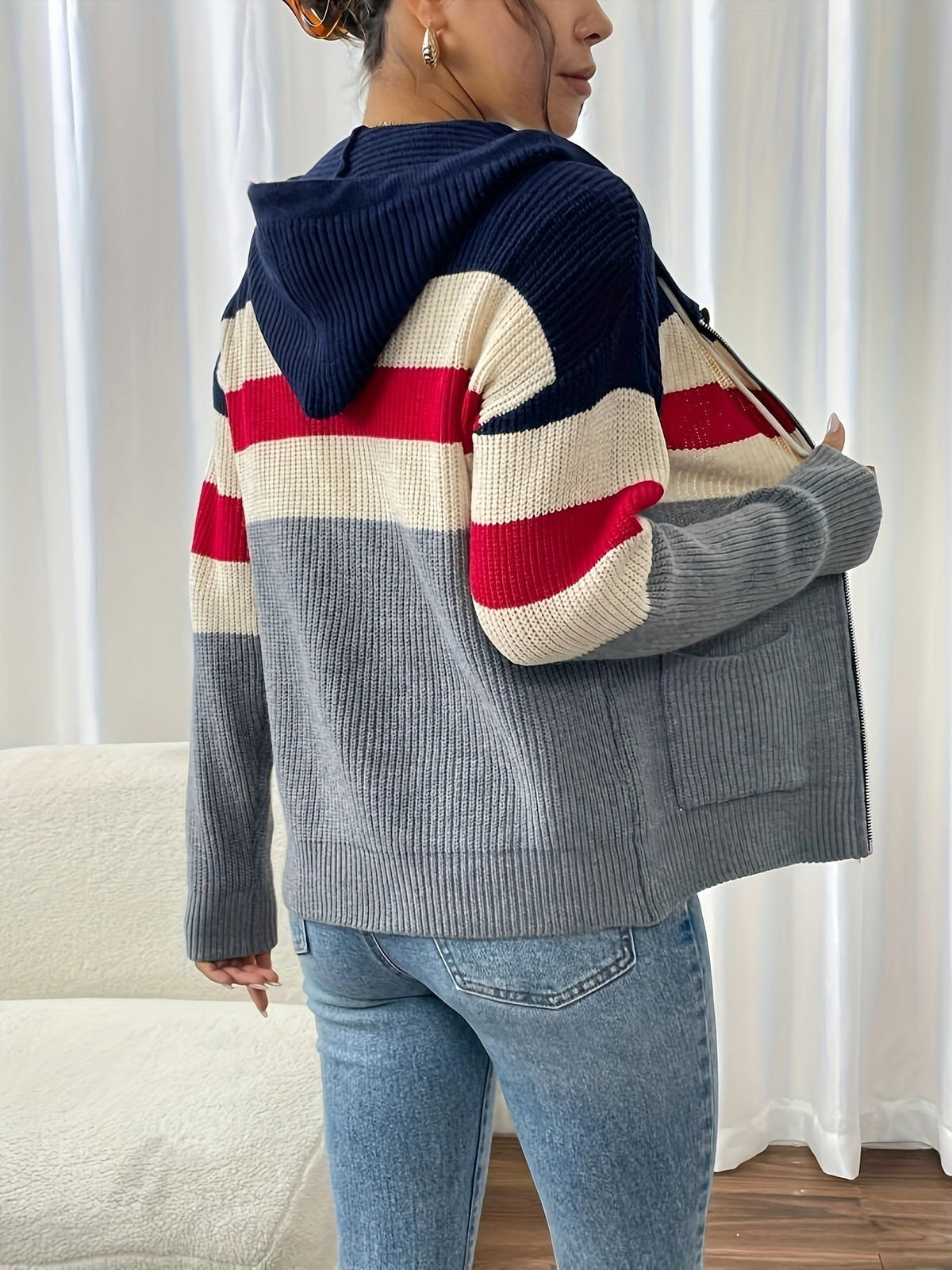 Women's Hooded Ribbed Knit Full-Zip Layering Cardigan
