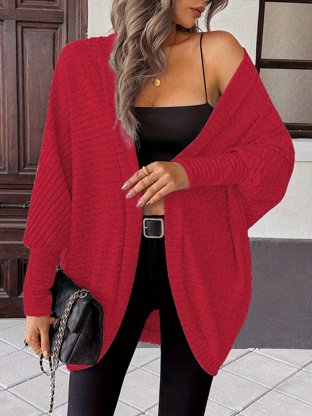 Women's Ribbed Draped Cardigan with Open Front