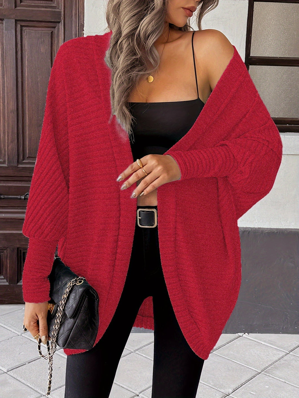 Women's Ribbed Draped Cardigan with Open Front