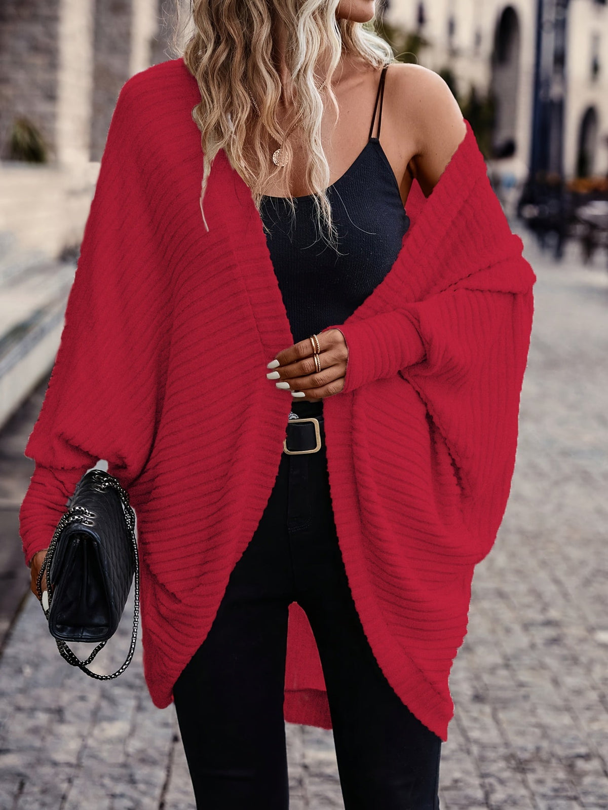 Women's Ribbed Draped Cardigan with Open Front