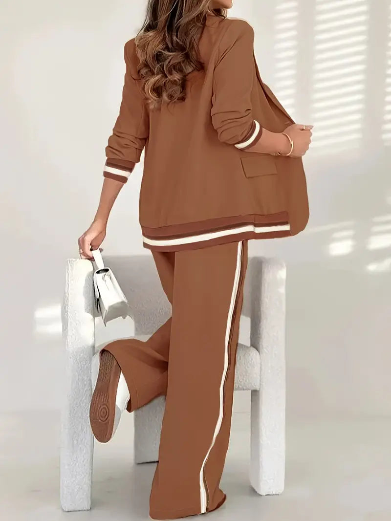 Women's Wide Leg Pants Stripe Trim Blazer Suit