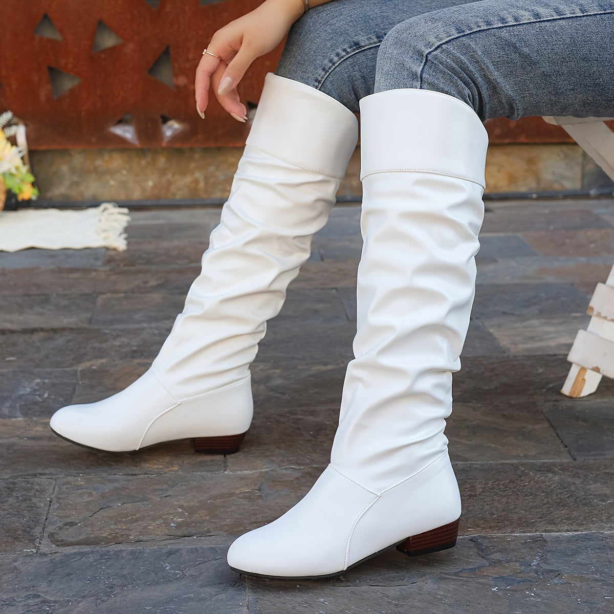 Women's Round Toe Low Heel Slouchy Tall Boots