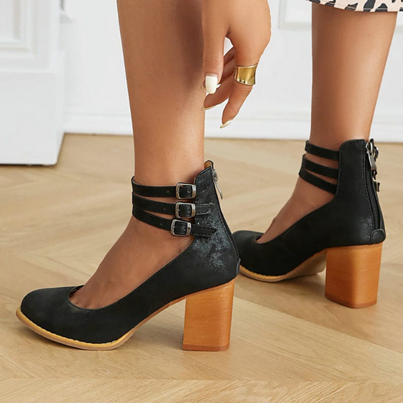 Women's Block Heel Booties with Three Buckle Straps