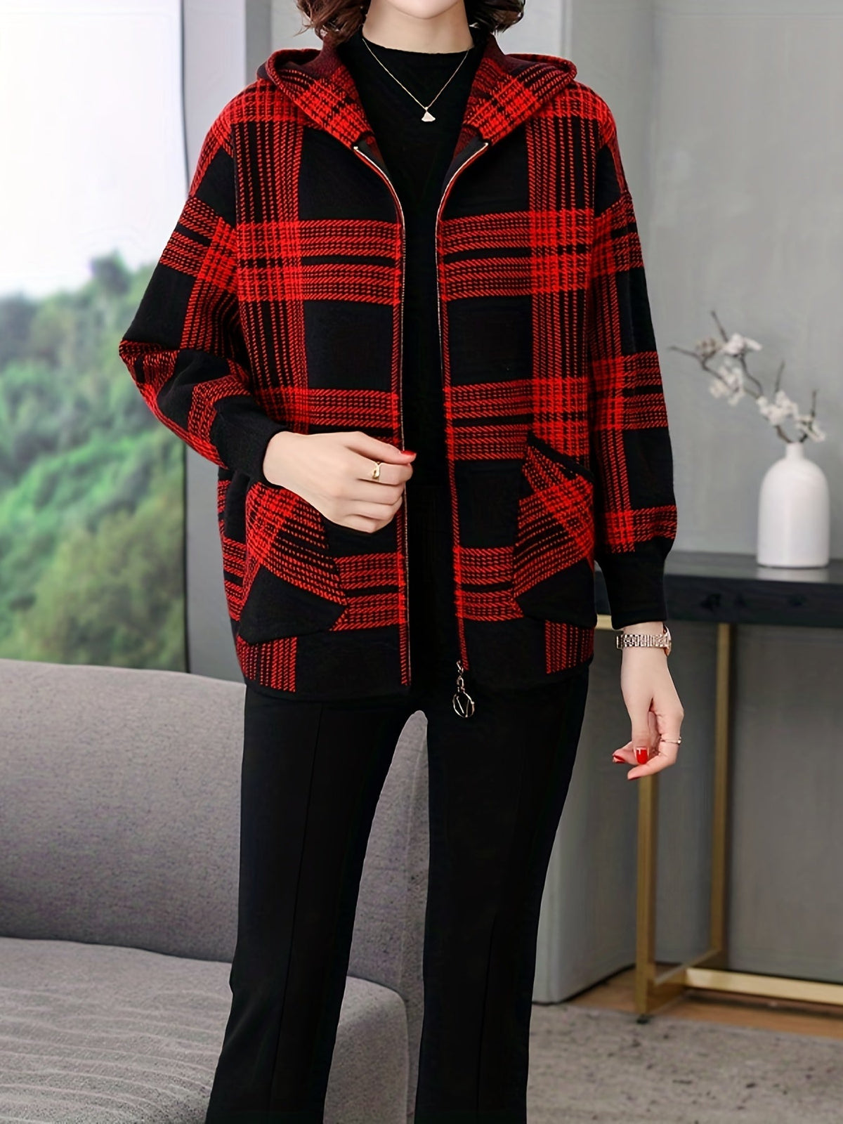 Women's Hooded Zip-Up Checked Loose Fit Coat