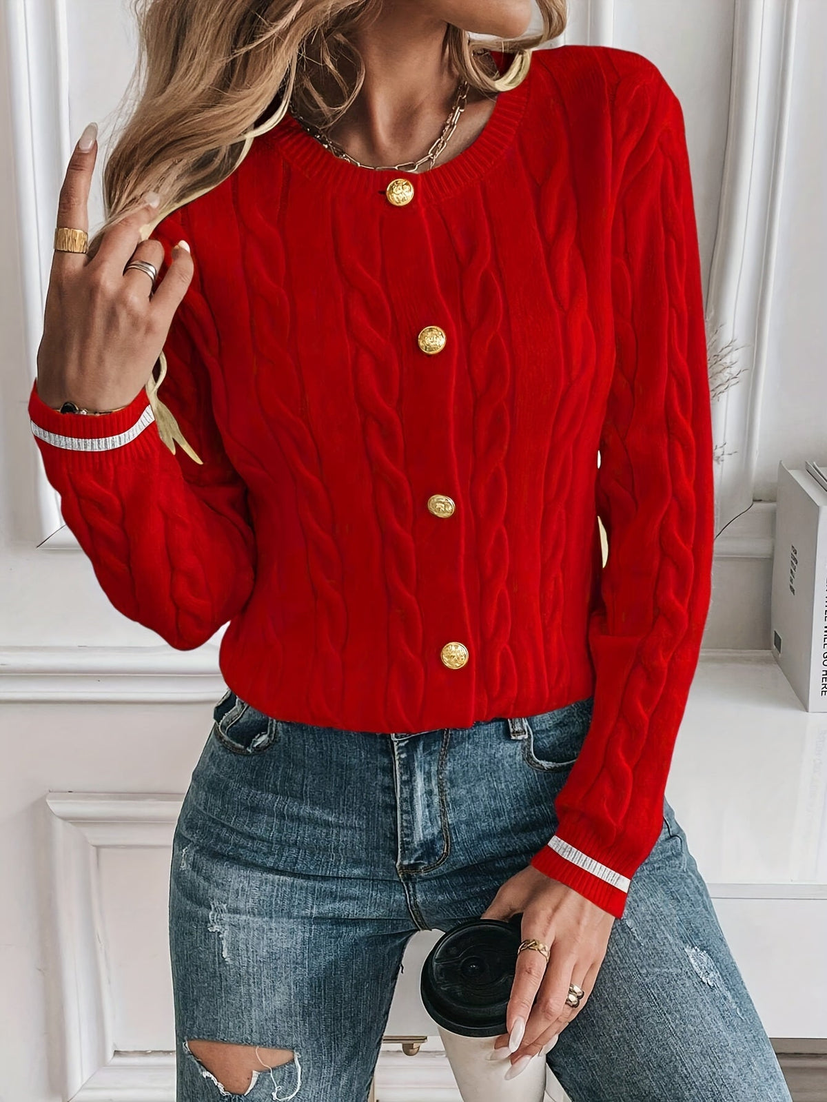 Women's Cable Knit Button-Up Cardigan with Polished Buttons