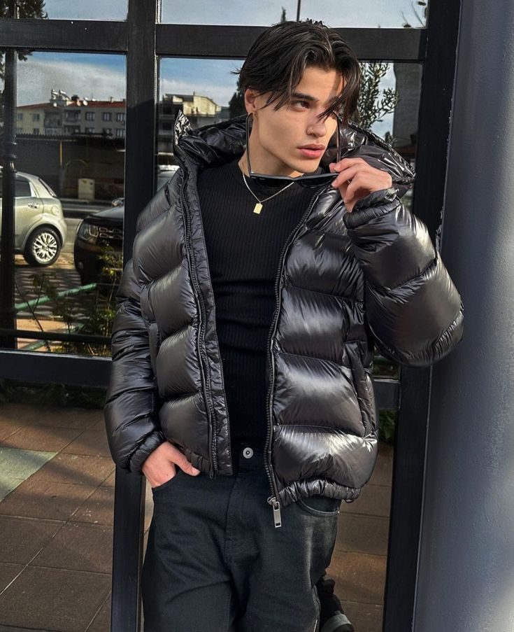 Men's Hooded Puffer Coat with Quilting and Sherpa Lining
