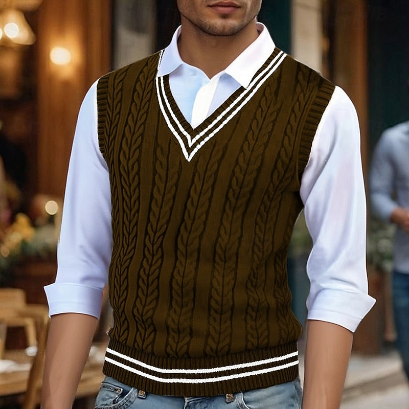 Men's V-Neck Striped Cable Knit Layering Vest