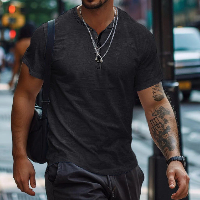 Men's Buttoned Neckline Textured Casual Polo Top