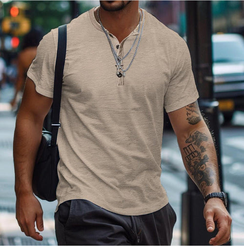 Men's Buttoned Neckline Textured Casual Polo Top